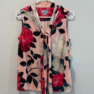 CeCe Pink and Black Floral Tie-Neck Blouse